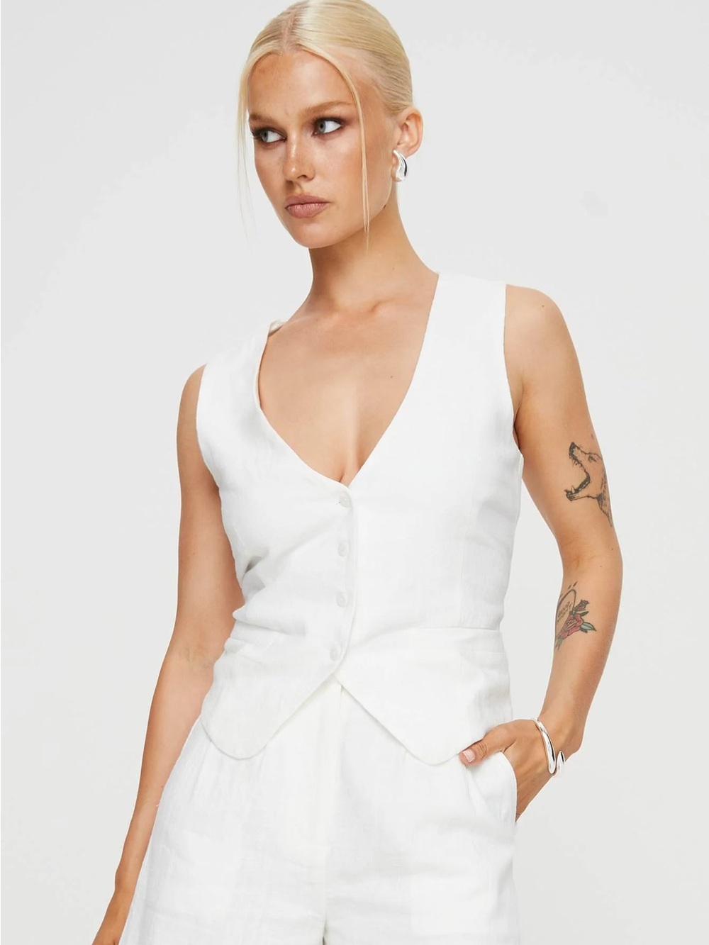 Princess Polly White Linen V-Neck Button Vest